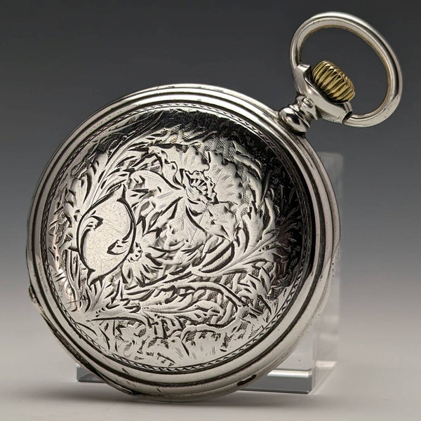 Around 1907 Antique Longines pocket watch flower engraving silver side hunter case works well